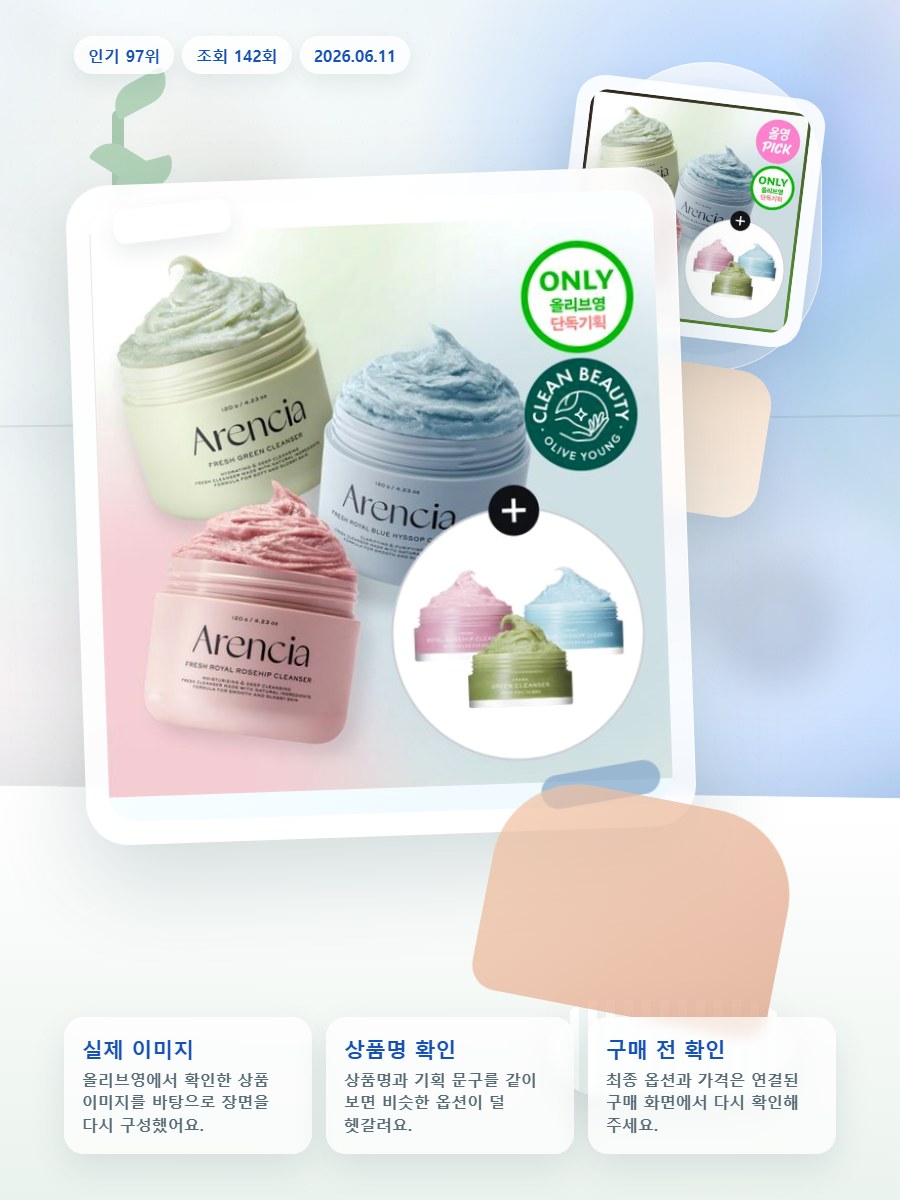 아렌시아 떡솝 프레시 클렌저 120g 기획 3종 (그린/로즈… 올리브영 재고 확인 대표 이미지